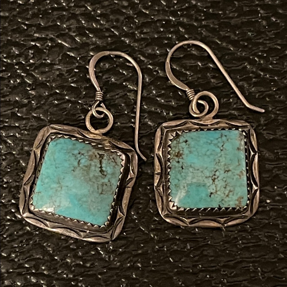 Native American vintage Turquoise Square Drop Earrings - Sterling Silver